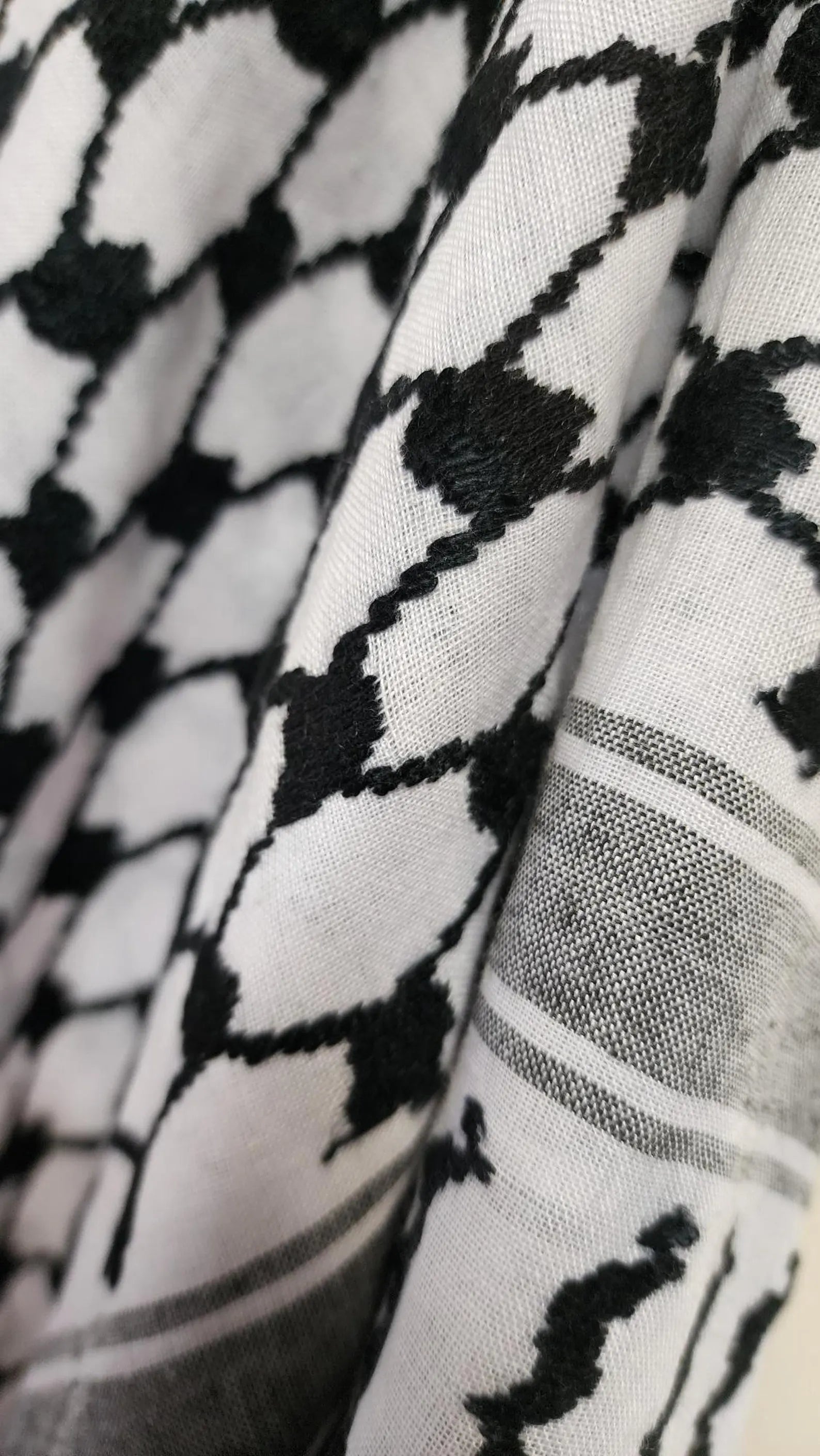 alt="Model wearing black and white Palestinian keffiyeh scarf draped over shoulders"