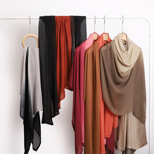 Collection of ombre Printed Modal Hijabs in various colours, made from breathable 100% Modal fabric for elegant, full-coverage modest wear.