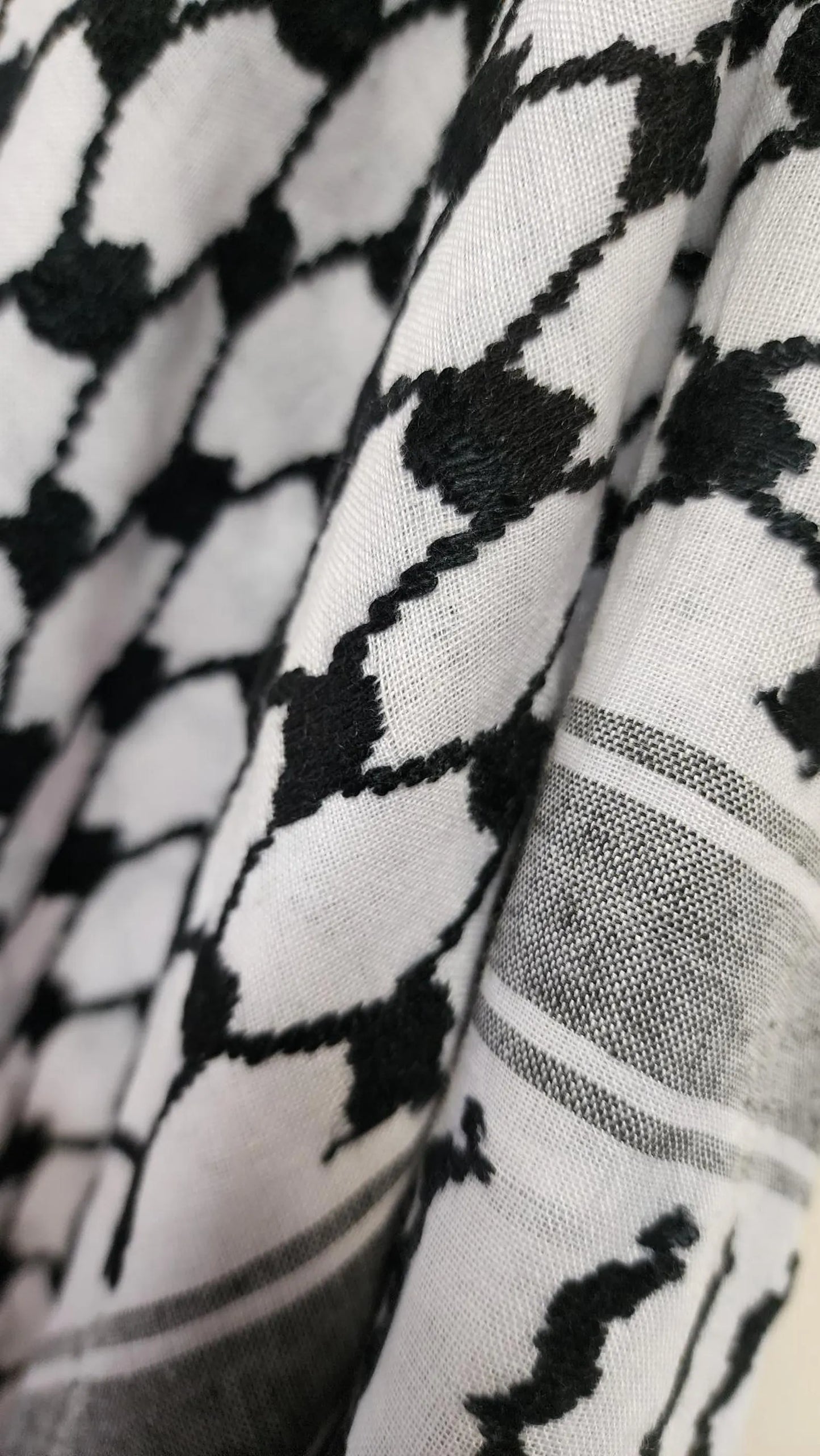 alt="Model wearing black and white Palestinian keffiyeh scarf draped over shoulders"