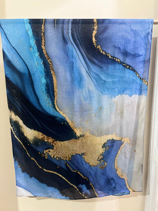 Ocean Swirl Printed Modal Hijab with marble design in blue and gold