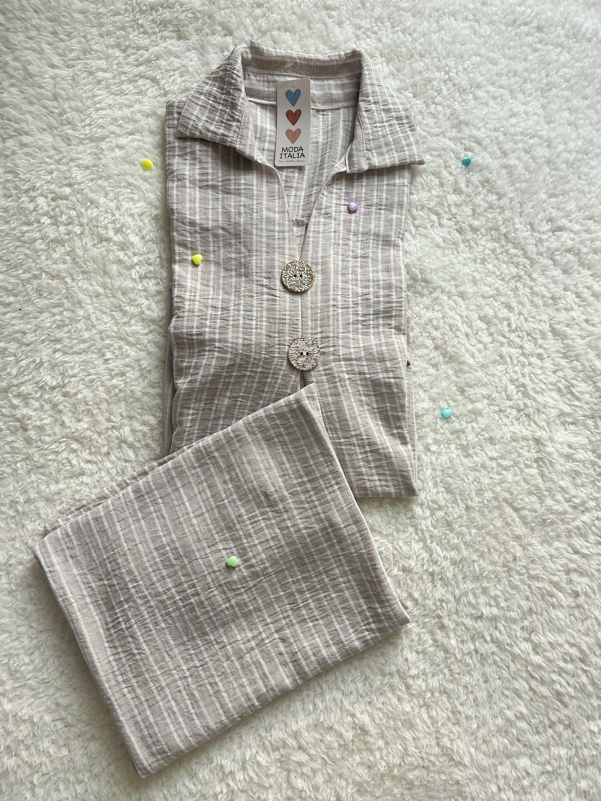 Beige cotton co ord set with oversized shirt and tapered lounge trousers for women