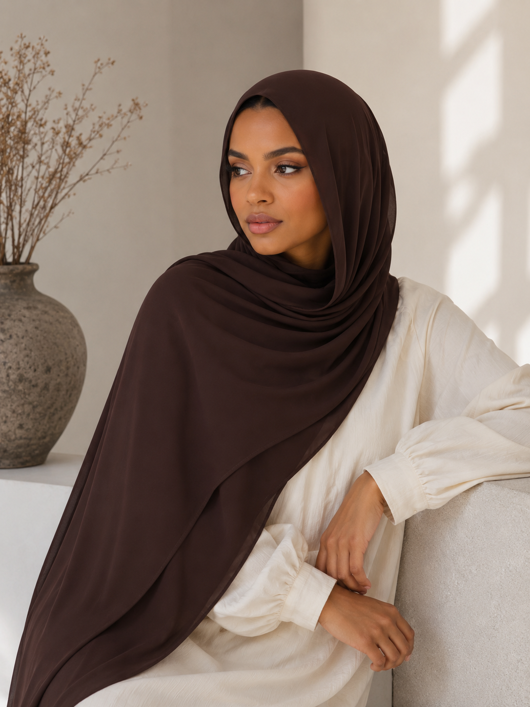 Elegant woman wearing a smooth dark brown modal hijab with soft luxurious drape in a minimalist neutral studio setting