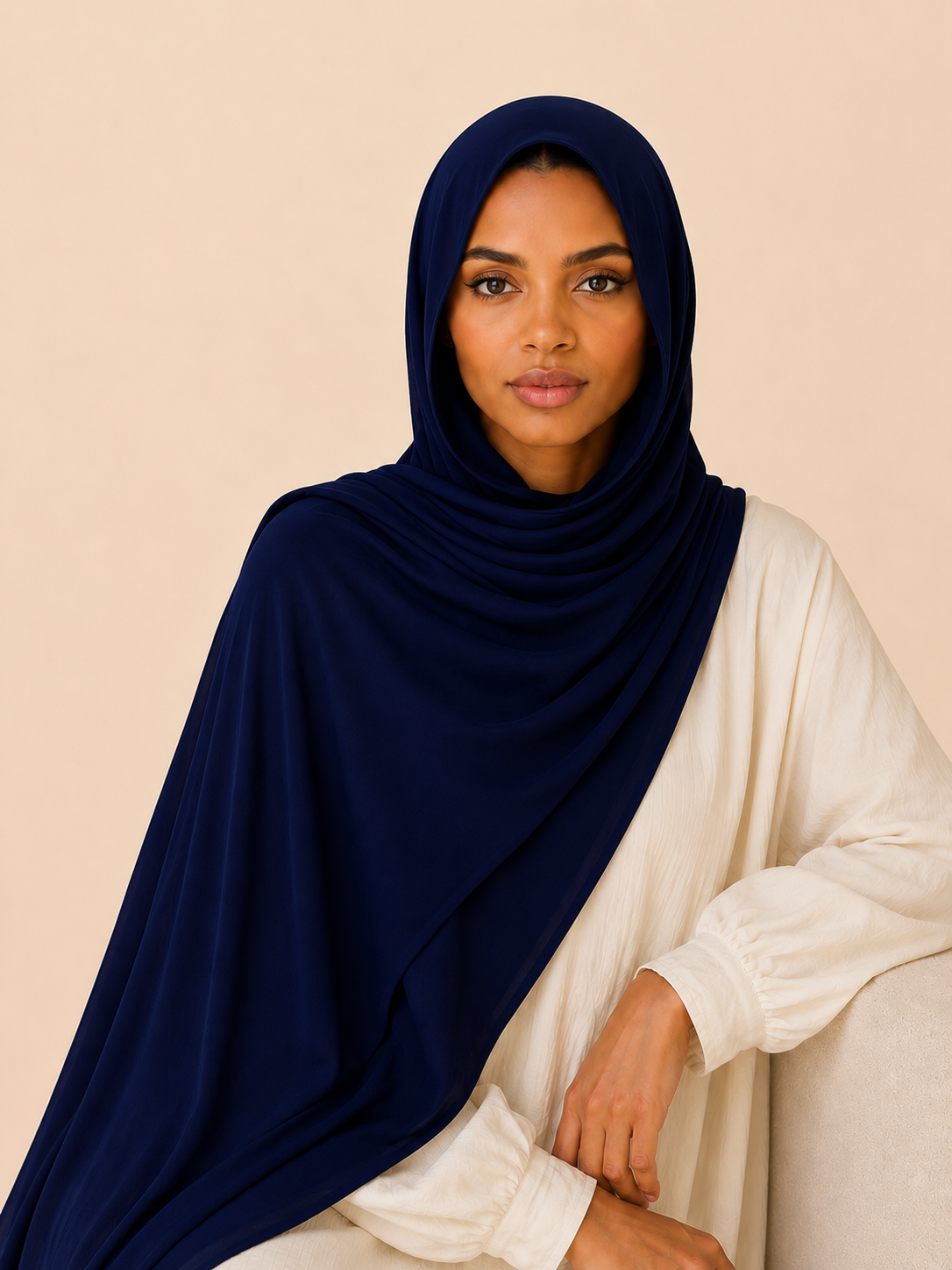 Elegant woman wearing a deep navy modal hijab with soft luxurious drape looking directly at the camera in a clean neutral studio setting