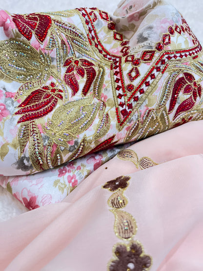 Luxury ruby Mukhawar with intricate embroidery and flowing silhouette