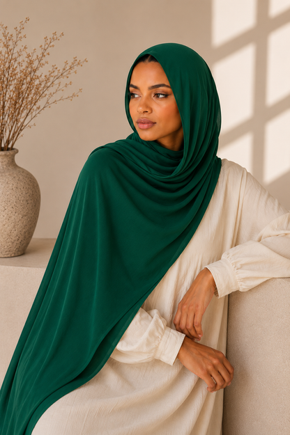 Elegant woman wearing an emerald green modal hijab with soft luxurious drape in a warm neutral studio setting