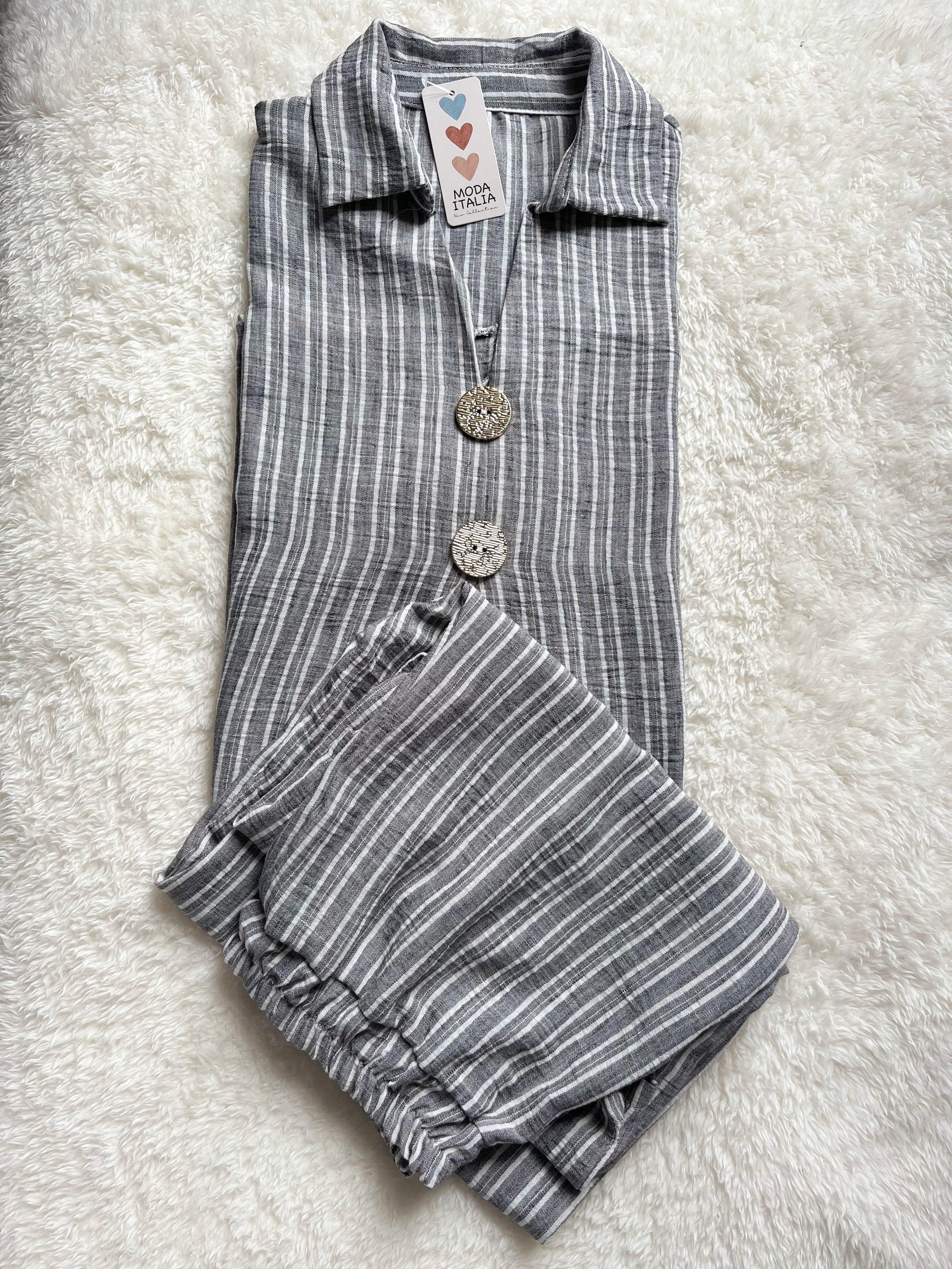 Lightweight grey linen co ord set for women with breathable shirt and relaxed trousers