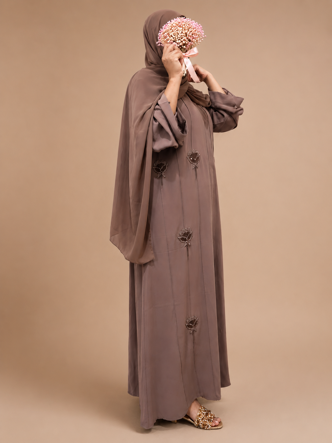 Liyana Hand Embellished Open Abaya – Mocha caps