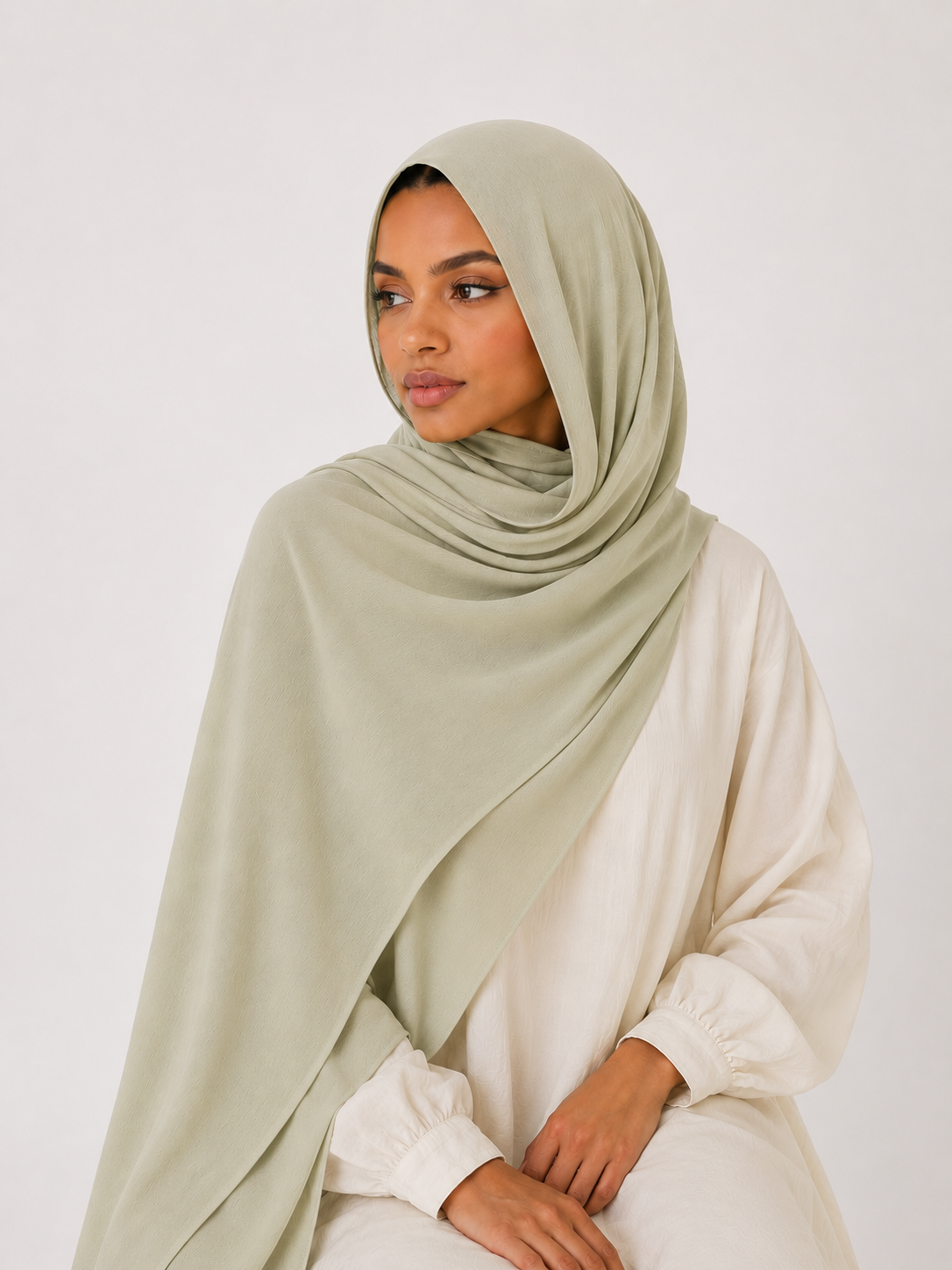 Model wearing a pale green bamboo modal hijab draped elegantly with a modest cream outfit against a plain studio background