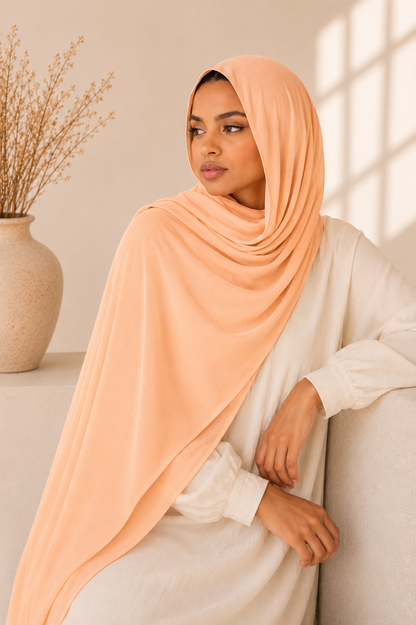 Elegant woman wearing a soft peach modal hijab with smooth luxurious drape in a warm neutral studio setting
