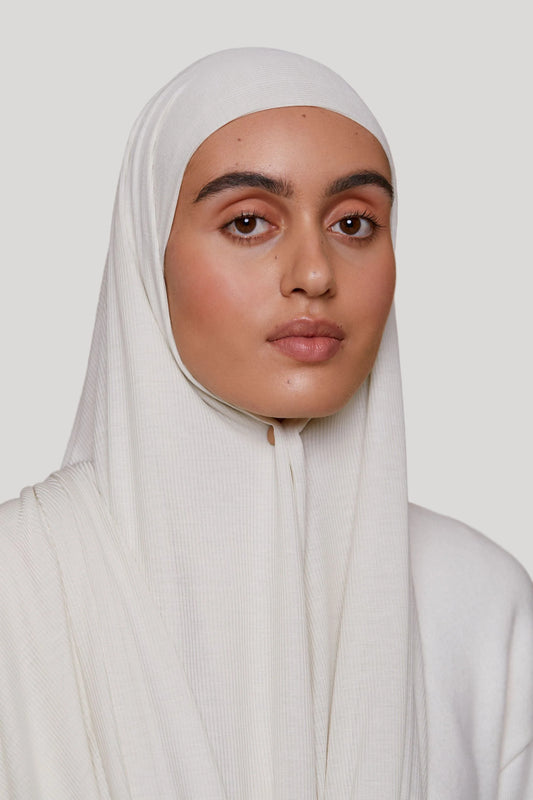 Premium bamboo ribbed jersey hijab styled neatly for modest everyday wear
