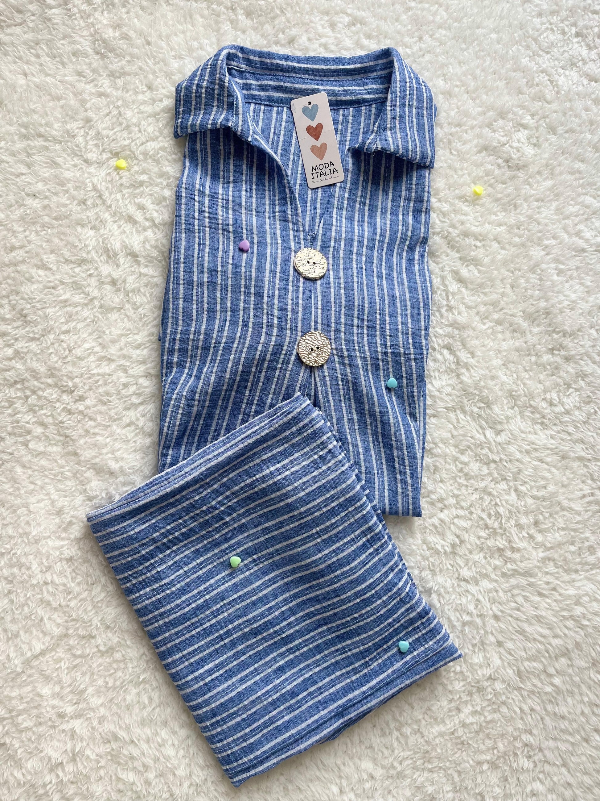 Sky blue linen co ord set for women with button-up shirt and flowy trousers