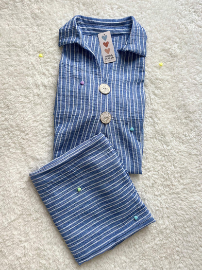 Sky blue linen co ord set for women with button-up shirt and flowy trousers