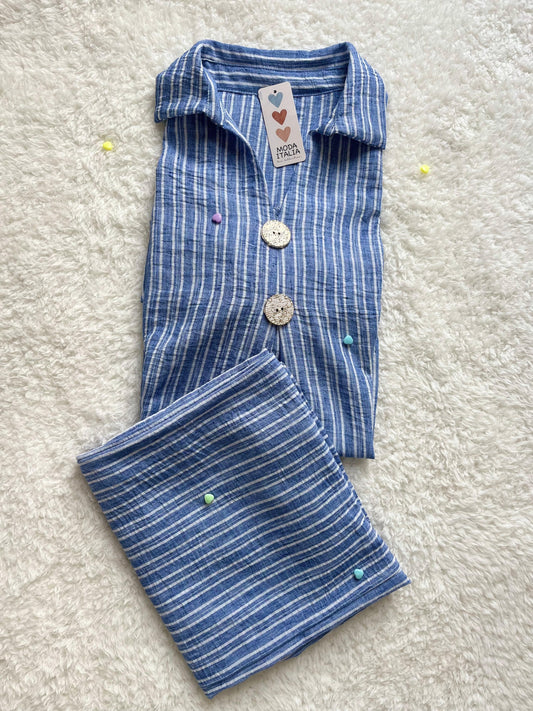 Sky blue linen co ord set for women with button-up shirt and flowy trousers