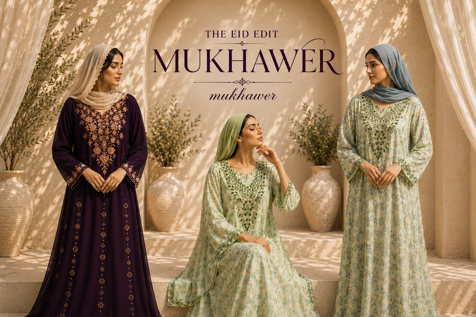 Luxury Eid Mukhawer banner featuring three elegant modest models in embroidered Arabian kaftans with matching slim sleeves and hijabs, posed in a warm beige Middle Eastern inspired setting for a premium modest fashion Eid collection.
