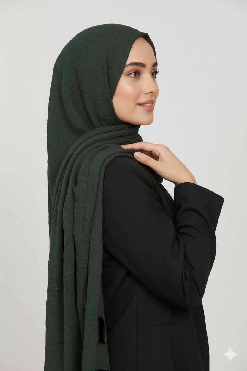 Frayed-edge crinkle cotton hijab designed for effortless, everyday styling.