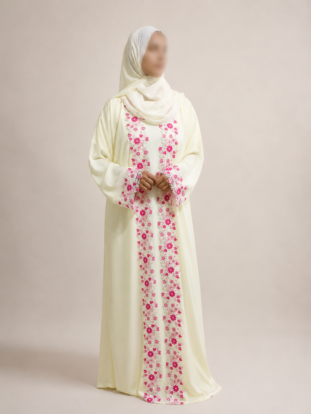 Full-length view of the ZAHRA Butter Yellow Floral Lace Open Abaya with matching hijab and floral lace detailing.