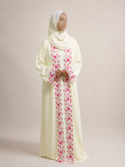 Full-length view of the ZAHRA Butter Yellow Floral Lace Open Abaya with matching hijab and floral lace detailing.